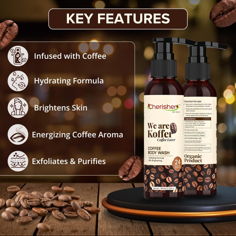 Cherisher Koffer Coffee Body Wash for Men & Women | 100ml Tan Removal & Natural Exfoliating Shower Gel | 24-Hour Freshness & Hydration | Gentle Formula for All Skin Types | Body Wash Under 100 - Image 3