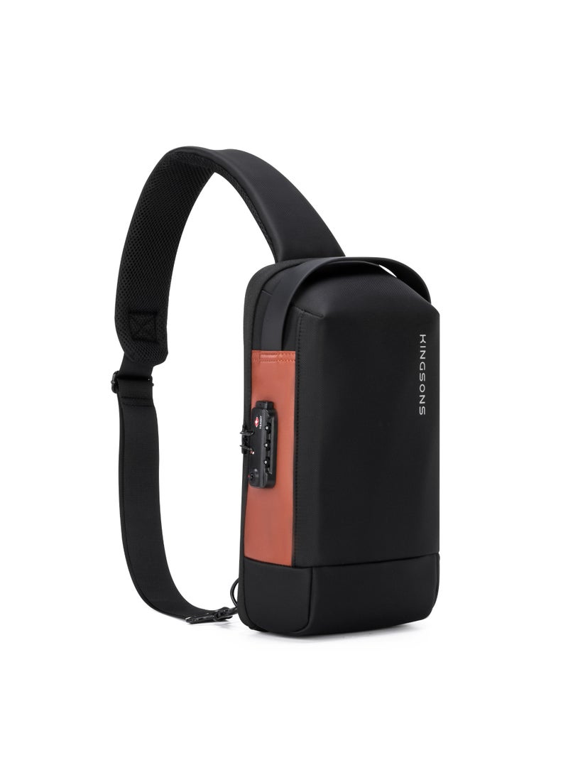 كينغسونز حقيبة كتف Kingsons Sling Bag سوداء 🎒 مقاومة للماء 💧، مصنوعة من بوليستر متين، تحتوي على حجرة رئيسية واسعة 🧩 وجيب مخصص لجهاز iPad مقاس 10 بوصة 📱، مزودة بمنفذ شحن USB 2.0 ⚡ وقفل TSA جانبي للحماية 🔒 – مثالية للسفر والعمل اليومي 🧳 - Image 3