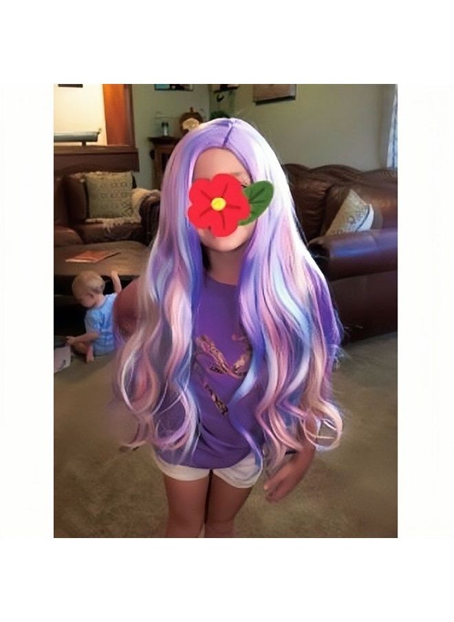 BERON Rainbow Long Wavy Wigs Curly Child Hair Wig for Girls Heat Resistant Kids Wig Cosplay Party Daily Use Wig Cap Included 