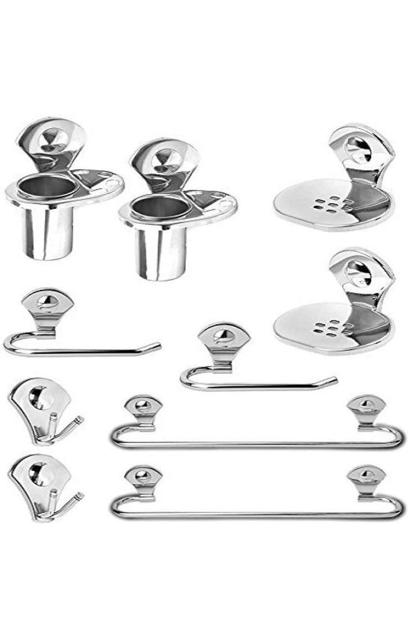 Stainless Steel Bathroom Accessories Set | Includes Towel Bar, Soap Dish, Tumbler Holder, Napkin Ring & Robe Hook | Wall Mounted Bathroom Set (Pack of 10)