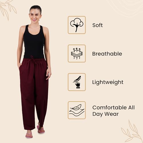 Happy Bunny Parallel Pants for Women 100% Cotton Ankle Length Trousers Regular Fit with Elastic Drawstring Stylish & Pockets Casual Formal Wear for Office & Home (MED, Rose Wood Maroon) - Image 5