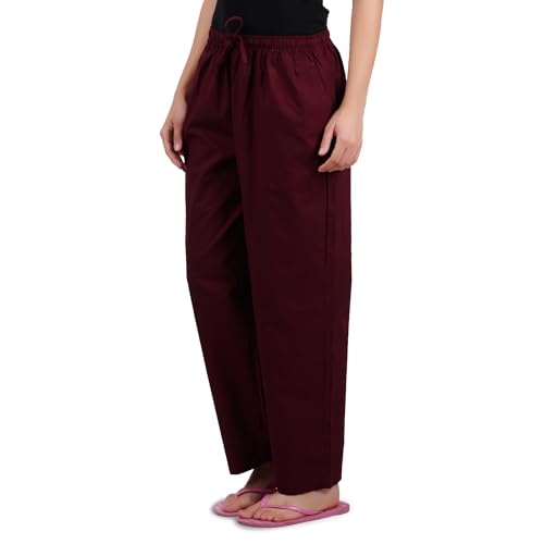 Happy Bunny Parallel Pants for Women 100% Cotton Ankle Length Trousers Regular Fit with Elastic Drawstring Stylish & Pockets Casual Formal Wear for Office & Home (MED, Rose Wood Maroon) - Image 1