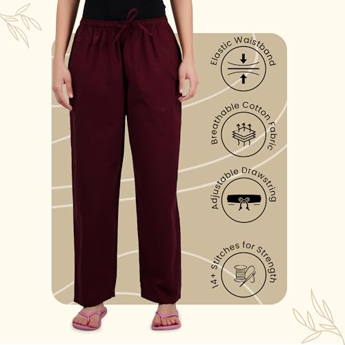 Happy Bunny Parallel Pants for Women 100% Cotton Ankle Length Trousers Regular Fit with Elastic Drawstring Stylish & Pockets Casual Formal Wear for Office & Home (MED, Rose Wood Maroon) - Image 3