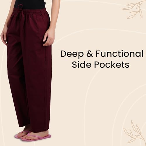 Happy Bunny Parallel Pants for Women 100% Cotton Ankle Length Trousers Regular Fit with Elastic Drawstring Stylish & Pockets Casual Formal Wear for Office & Home (MED, Rose Wood Maroon) - Image 4