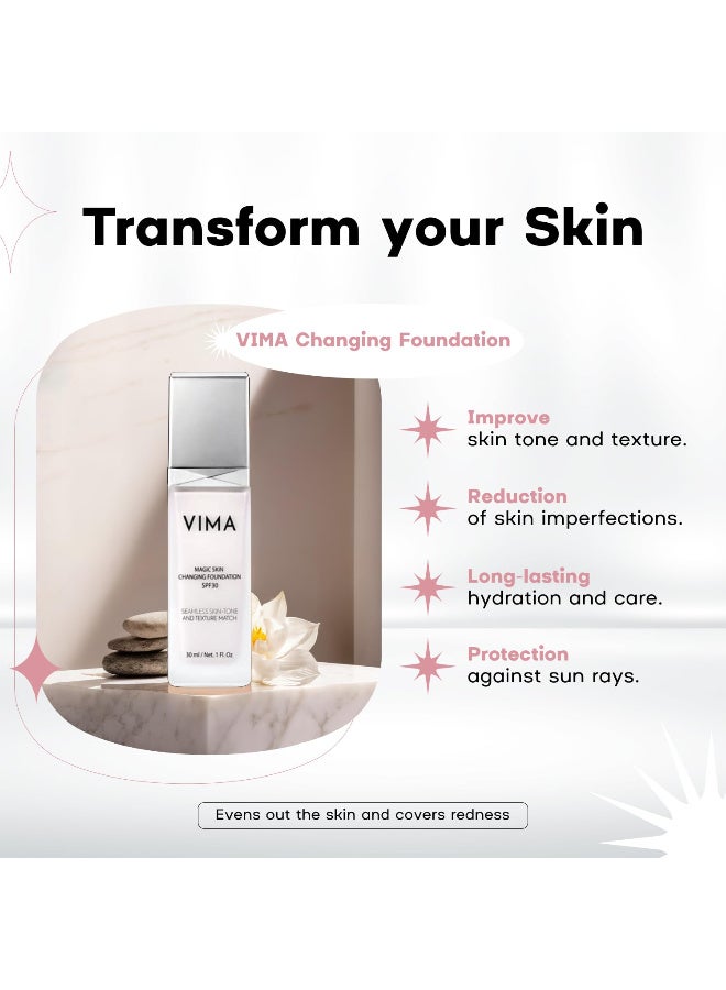 VIMA - Base de maquillaje que cambia de color con protector solar, sin fragancia, sin parabenos y maquillaje vegano, cobertura ligera, de larga duración, 1 onza líquida - Image 2