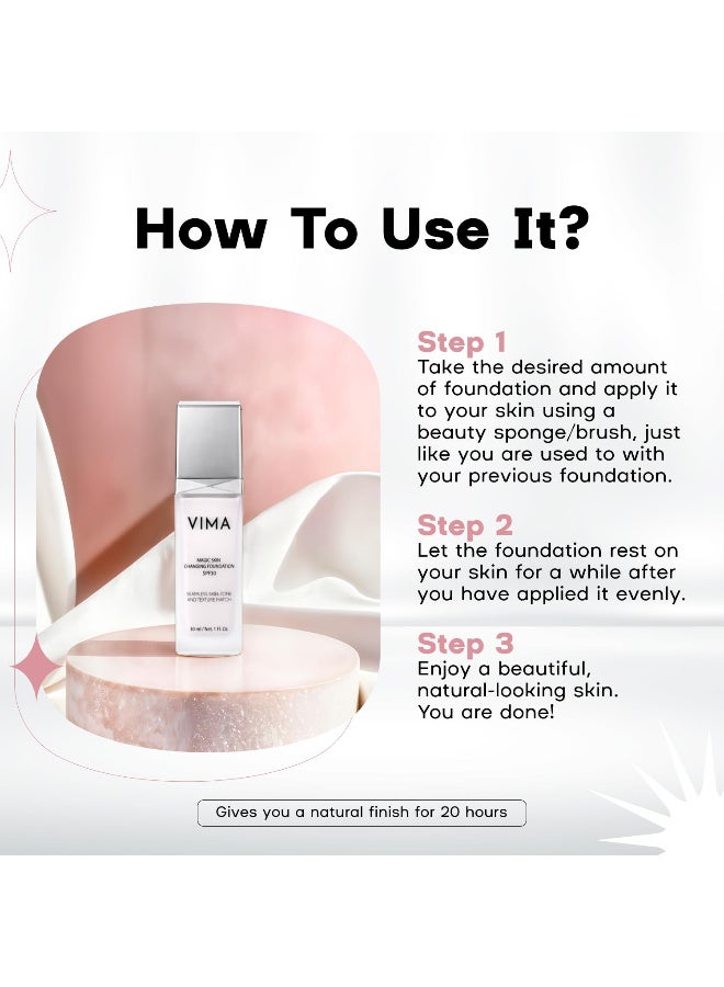VIMA - Base de maquillaje que cambia de color con protector solar, sin fragancia, sin parabenos y maquillaje vegano, cobertura ligera, de larga duración, 1 onza líquida - Image 4