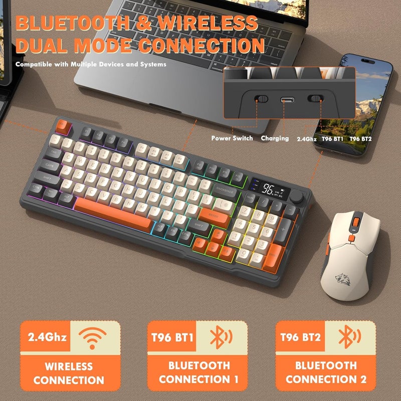 Free wolf FREEWOLF T96 Smart Display Wireless Gaming Keyboard and Mouse Comb, 94Key LED Lighting Rechargeable Silent Membrane Keyboard with Knobs, 2000mAh Battery, 6-Button 4KDPI Mouse for Win/Mac(Glimmer) - Image 3