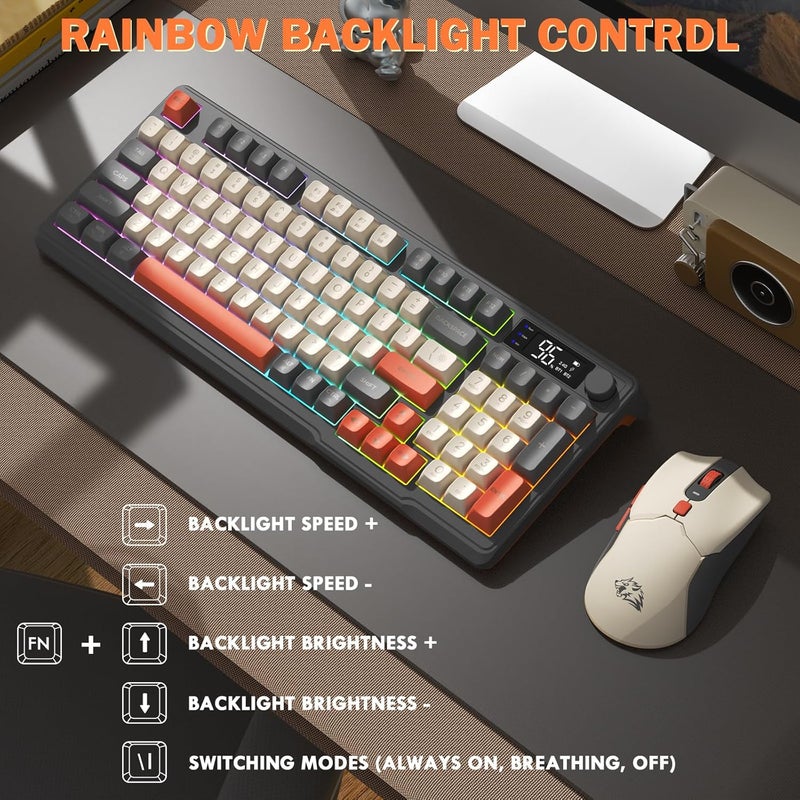 Free wolf FREEWOLF T96 Smart Display Wireless Gaming Keyboard and Mouse Comb, 94Key LED Lighting Rechargeable Silent Membrane Keyboard with Knobs, 2000mAh Battery, 6-Button 4KDPI Mouse for Win/Mac(Glimmer) - Image 4