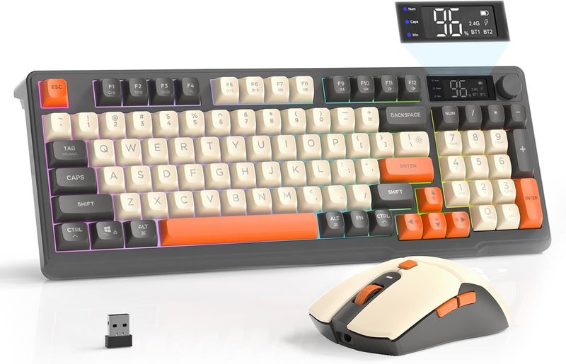 Free wolf FREEWOLF T96 Smart Display Wireless Gaming Keyboard and Mouse Comb, 94Key LED Lighting Rechargeable Silent Membrane Keyboard with Knobs, 2000mAh Battery, 6-Button 4KDPI Mouse for Win/Mac(Glimmer) - Image 1