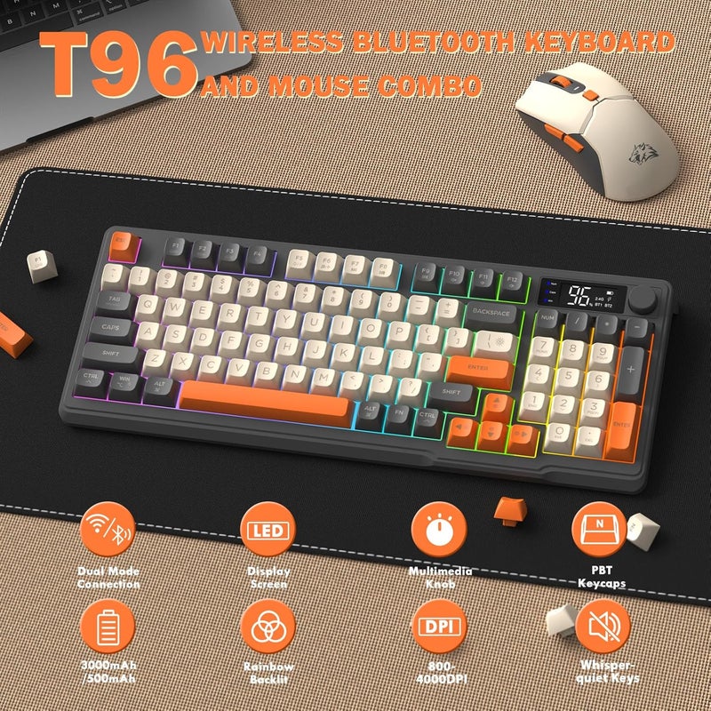 Free wolf FREEWOLF T96 Smart Display Wireless Gaming Keyboard and Mouse Comb, 94Key LED Lighting Rechargeable Silent Membrane Keyboard with Knobs, 2000mAh Battery, 6-Button 4KDPI Mouse for Win/Mac(Glimmer) - Image 2