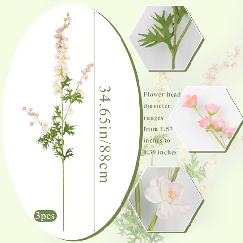 CITYES 3 Pcs Delphinium Artificial Flowers Bulk 35" Long Stem Silk Larkspur Flowers Artificial Snapdragon Flower Stems Pink Faux Bouquets for Tall Vase Floral Arrangements Home Outdoor Wedding Decor - Image 2