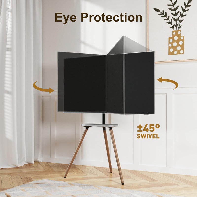 ECOTINY Tripod Easel TV Stand for 43 to 65 Inch LCD LED OLED Screen, Height Adjustable and Swievel TV Stand, Portable Corner TV Floor Stand with Wooden Tray, VESA 400x400mm, Minimalist Black Walnut - Image 4
