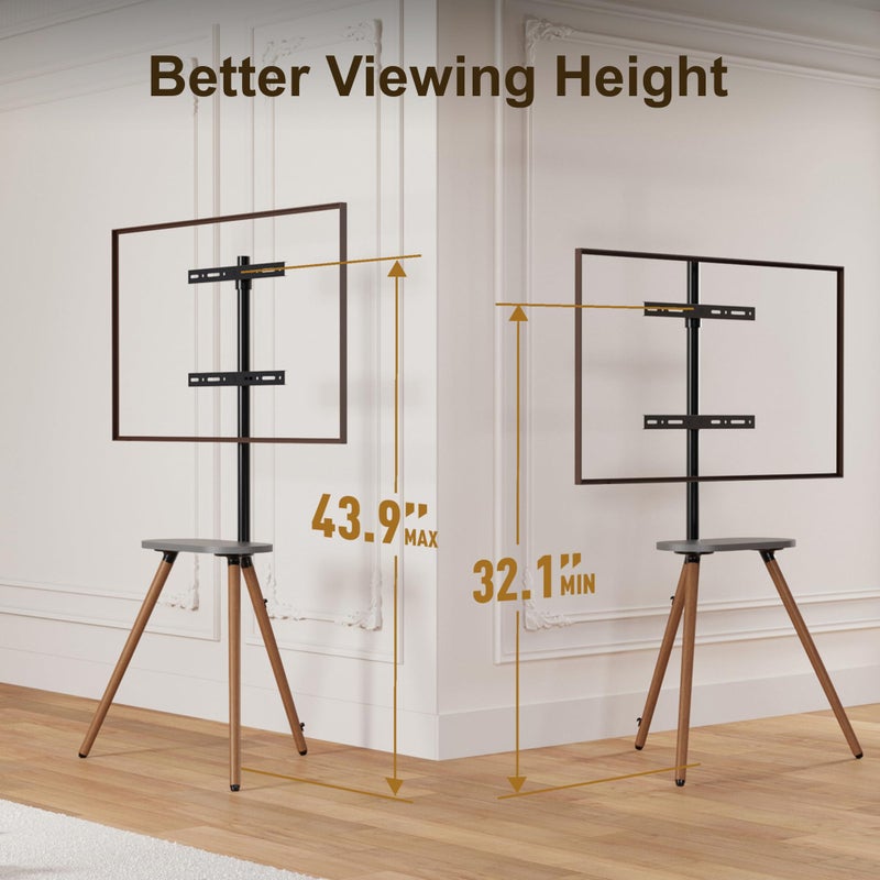 ECOTINY Tripod Easel TV Stand for 43 to 65 Inch LCD LED OLED Screen, Height Adjustable and Swievel TV Stand, Portable Corner TV Floor Stand with Wooden Tray, VESA 400x400mm, Minimalist Black Walnut - Image 3