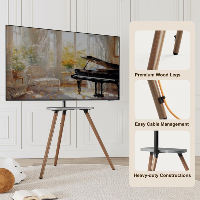 ECOTINY Tripod Easel TV Stand for 43 to 65 Inch LCD LED OLED Screen, Height Adjustable and Swievel TV Stand, Portable Corner TV Floor Stand with Wooden Tray, VESA 400x400mm, Minimalist Black Walnut - Image 5