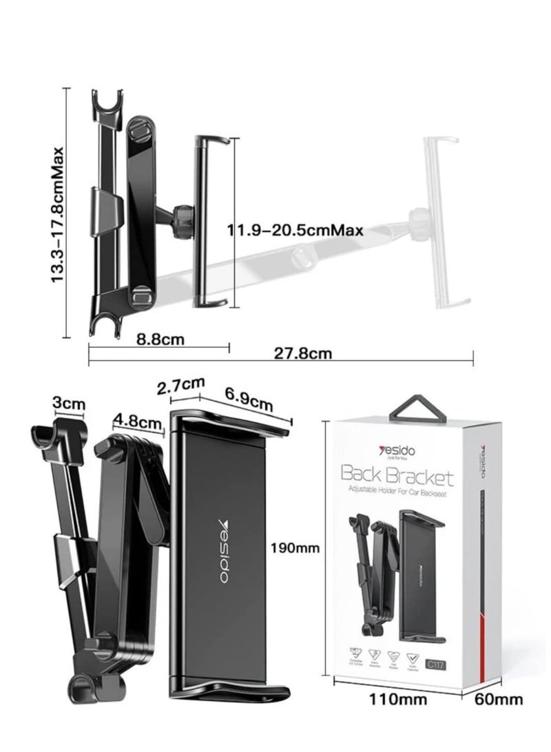 C117 Car Tablet Headrest Mount Tablet Holder For Car Seat 360 Degree Rotation Compatible With 4.7Inch To 12.9 Inch, Compatible With Tablets/Iphone 13/Ipads/Smartphones - Image 2