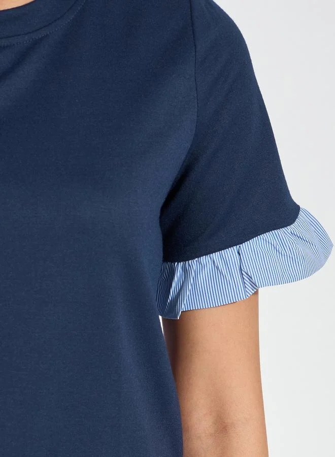 Styli Striped Panel Blouse with Back Button Detail