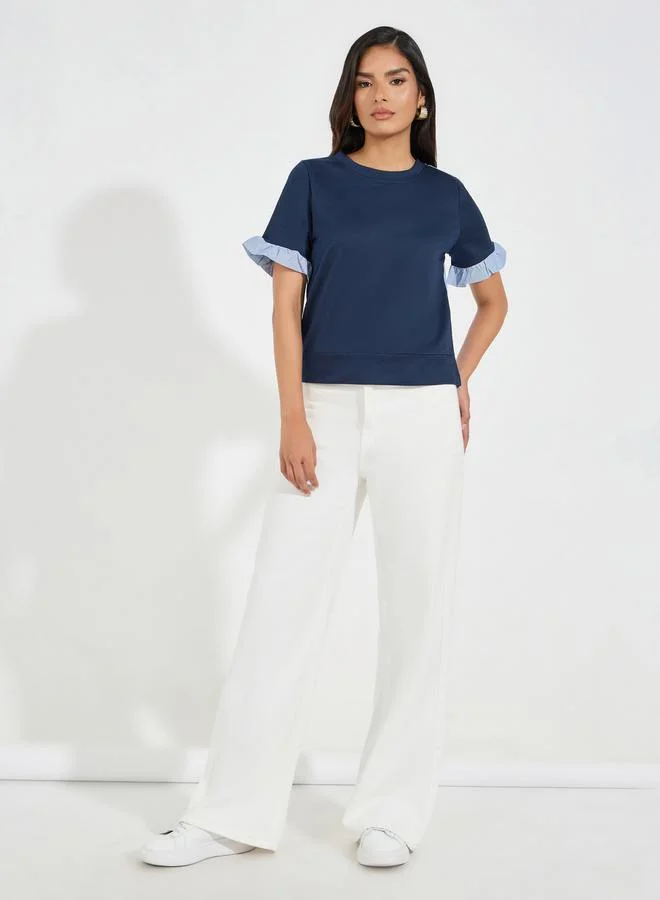 Styli Striped Panel Blouse with Back Button Detail
