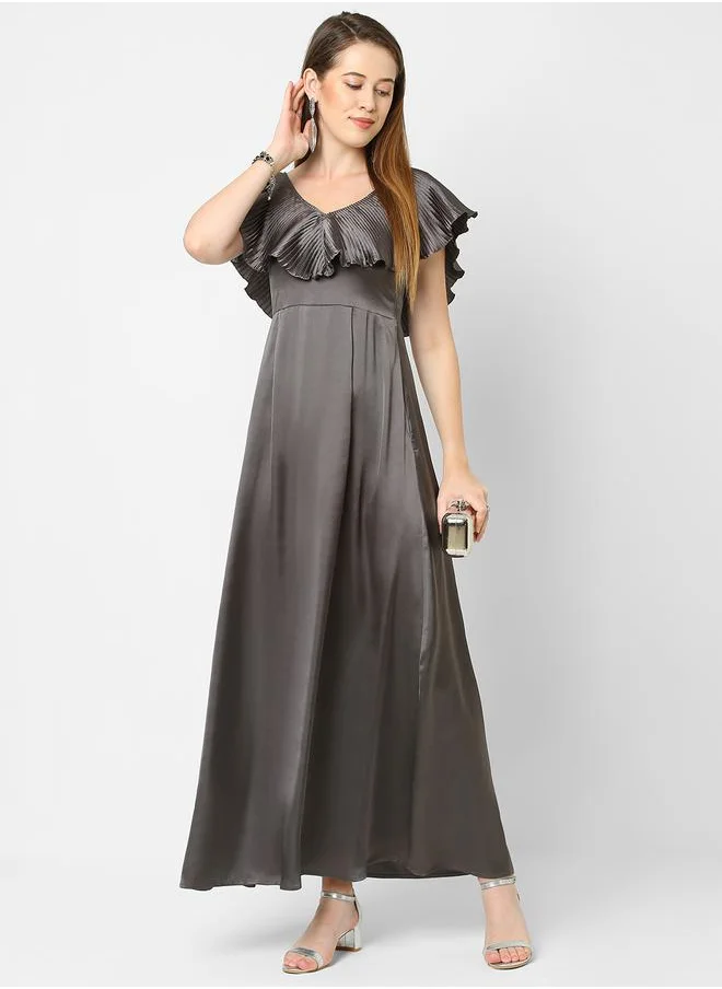 Mish Solid Satin Maxi Dress with Plisse Cape Neck