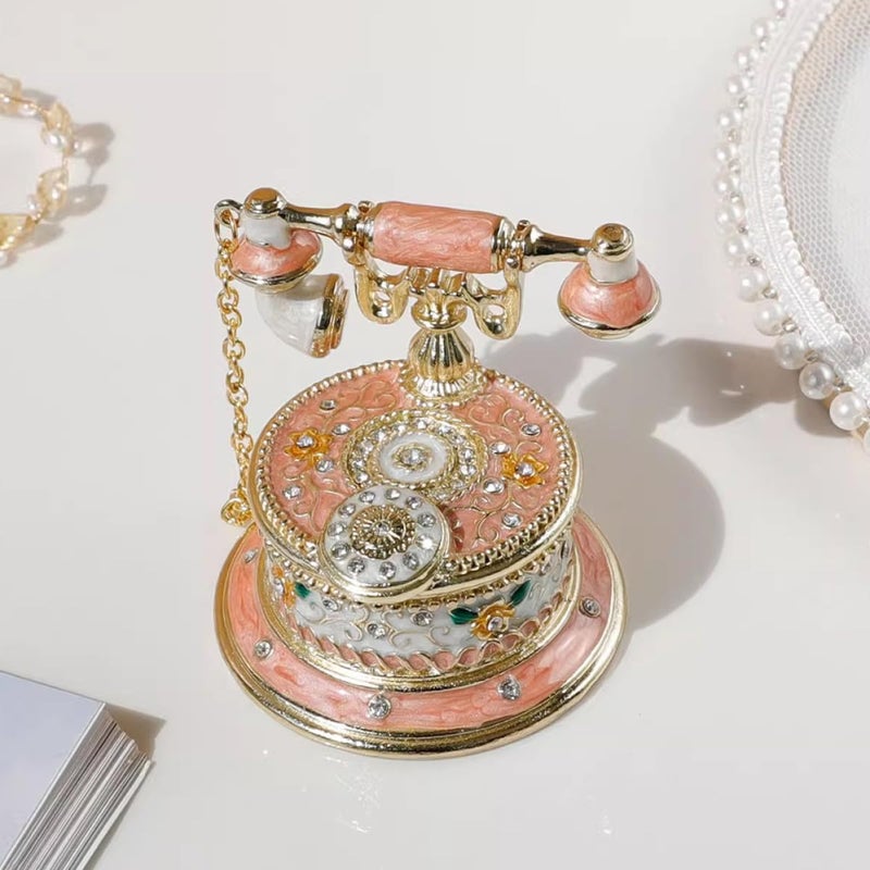 Vintage Alloy Telephone Jewelry Box Hinged Trinket Storage Organizer For Rings Earrings - Image 5