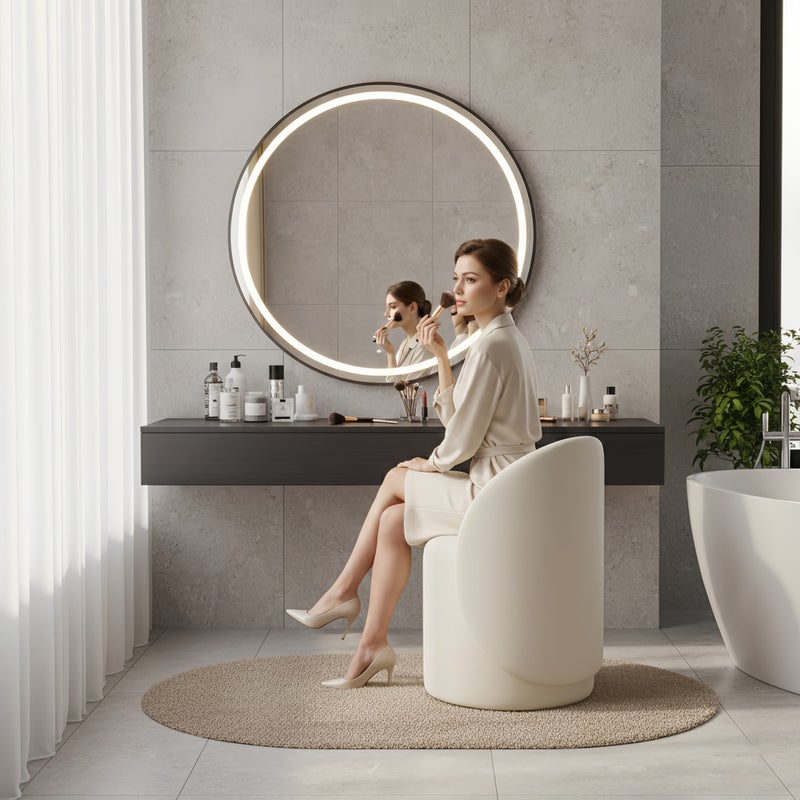 شاربدو كرسي تزيين لغرفة النوم، مقعد دائري يدور 360 درجة، كرسي بوكل حديث مصمم بشكل أنيق مع جلد بولي يوريثان سميك - Image 2