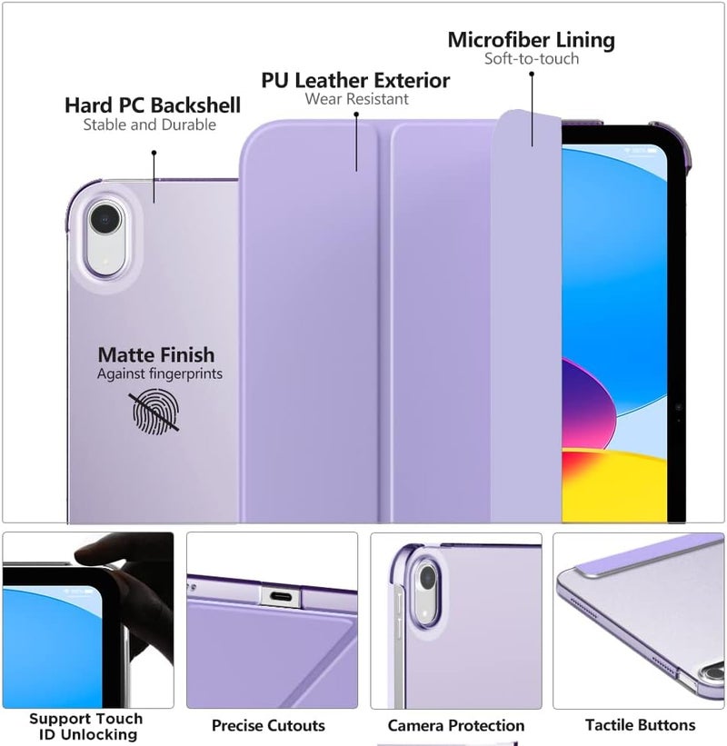 MoKo Case for iPad 10th Generation 2022, Slim Stand Hard PC Translucent Back Shell Smart Cover Case for iPad 10th Gen 10.9 inch 2022, Support Touch ID, Auto Wake/Sleep,Lilac Purple - Image 3