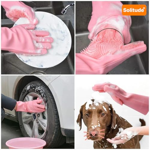 Solitude Magic Gloves Silicone Dish Washing Cleaning Gloves, Silicone Hand Gloves for Kitchen Dishwashing and Pet Grooming, Great for Washing Dish, Car, Bathroom (Multicolour, 1 Pair) - Image 3