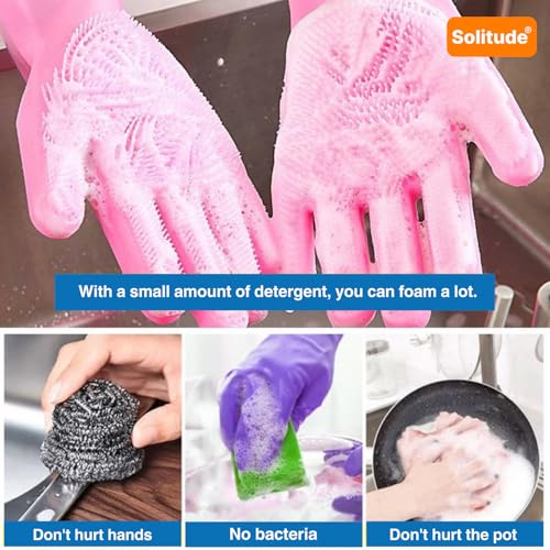 Solitude Magic Gloves Silicone Dish Washing Cleaning Gloves, Silicone Hand Gloves for Kitchen Dishwashing and Pet Grooming, Great for Washing Dish, Car, Bathroom (Multicolour, 1 Pair) - Image 4