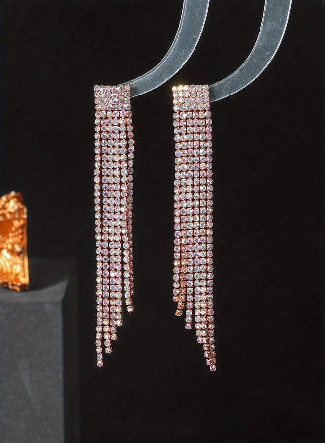 VAMA FASHIONS Stud Dangler Rhine Stone Hanging Drop Sparkle Fringe Tassel Earring chandelier Long Earrings for Women Girls (Rose Gold Plated Stone Earrings) - Image 4