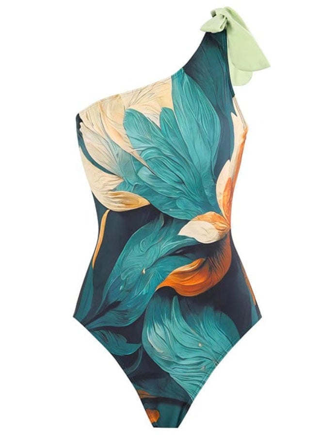 swimsuit with a blue/teal and orange tropical leaf pattern. - Image 5