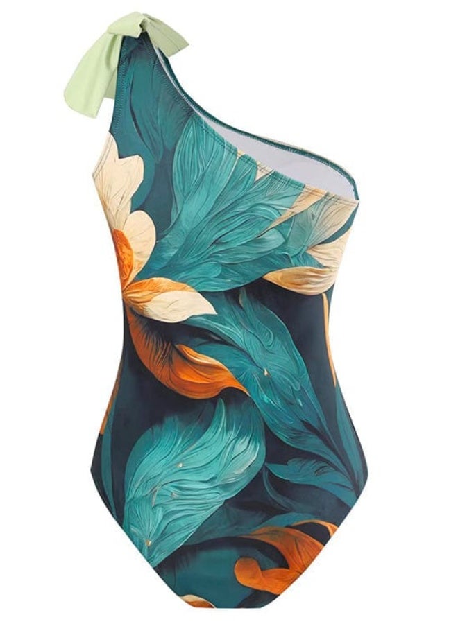 swimsuit with a blue/teal and orange tropical leaf pattern. - Image 4