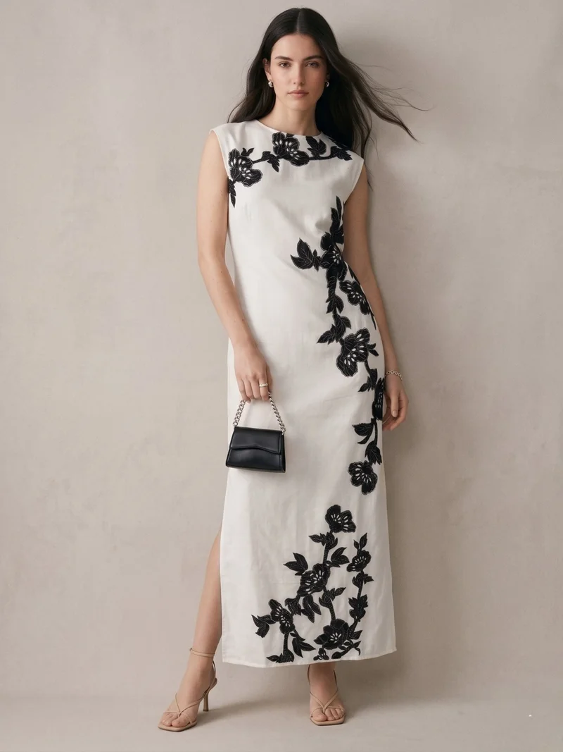 Outzidr  Off White Maxi Length Placement Print Dress With Slit for Women | Best Price UAE