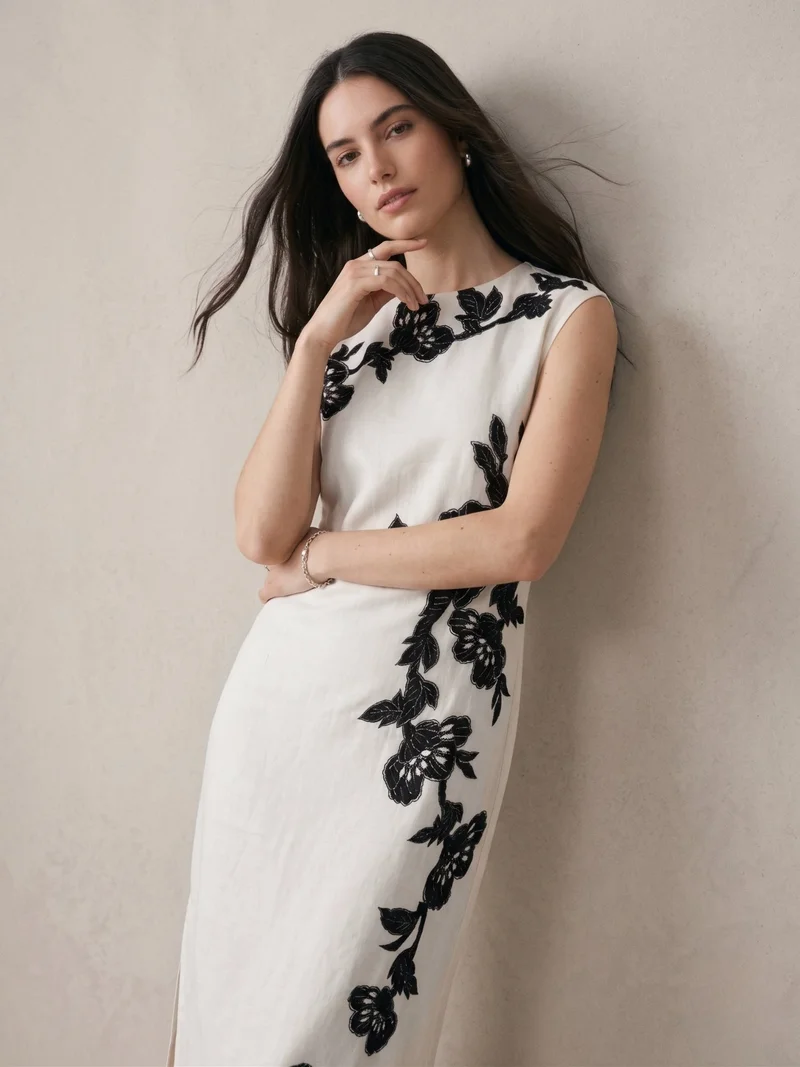 Outzidr  Off White Maxi Length Placement Print Dress With Slit for Women | Best Price UAE