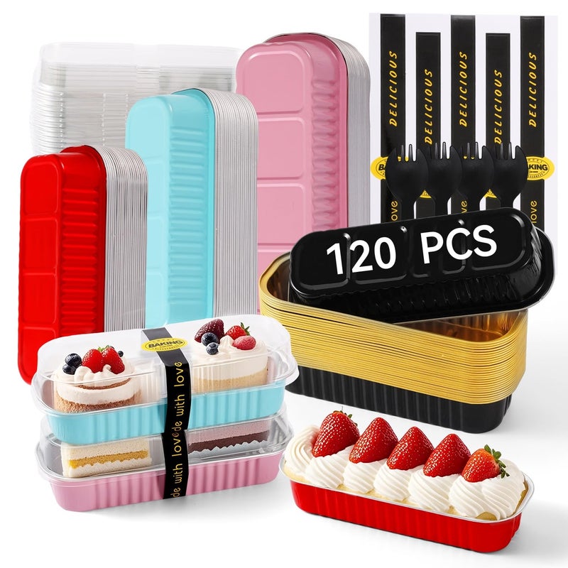 Orlashop Mini Loaf Pans with Lids and Spoons Sealing Sticker,120 Pcs 6.8oz Cake Pans for Baking Disposable Aluminum Foil Christmas Cake Pan (mixed) - Image 1