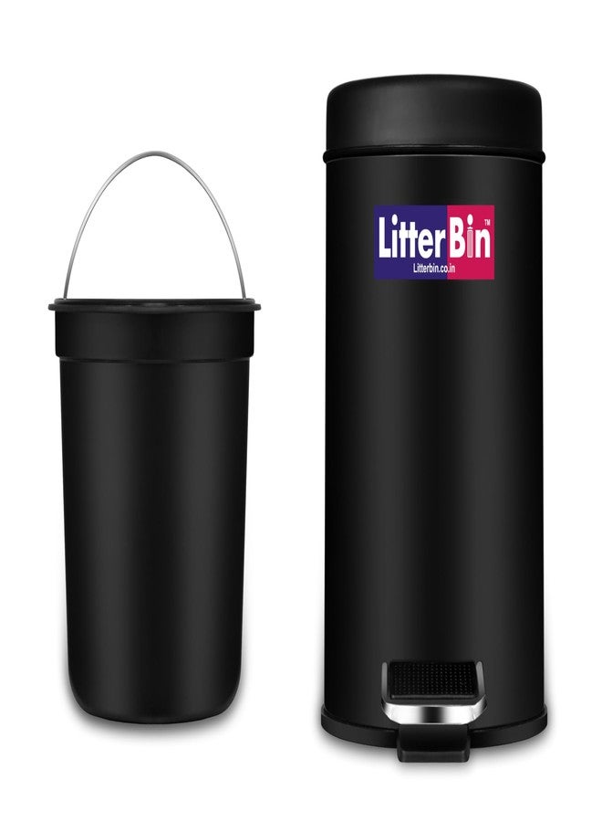 LITTERBIN سلة مهملات LITTERBIN من الفولاذ المقاوم للصدأ، لون أسود، مزودة بغطاء ودلو | سلة مهملات للمنزل، الحمام، الأماكن الخارجية، الأماكن الداخلية، المطبخ، غرفة النوم، المكتب - فضي (7 × 10 بوصات - 5 لترات) - Image 1