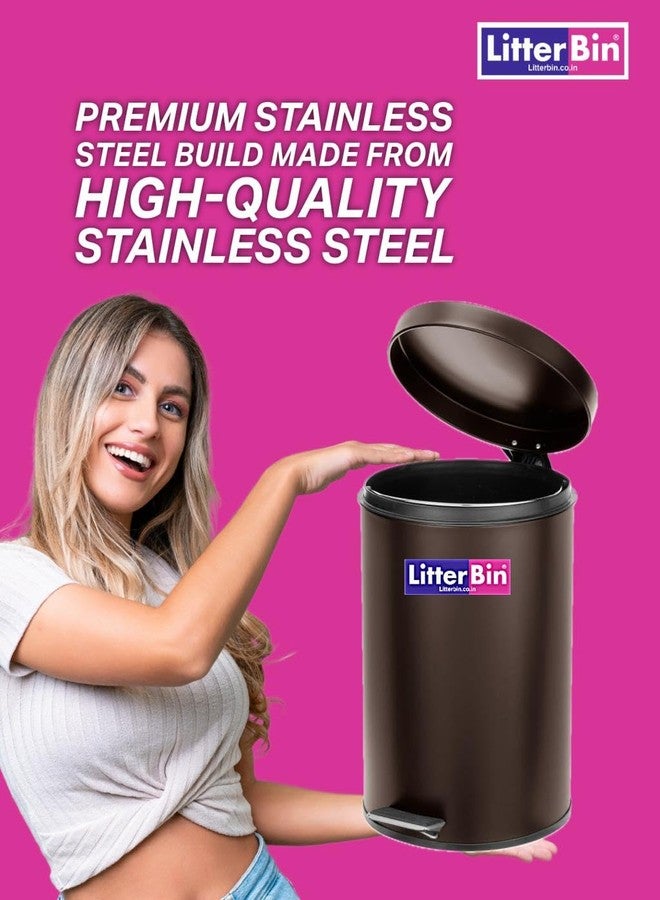LITTERBIN سلة مهملات LITTERBIN من الفولاذ المقاوم للصدأ، لون أسود، مزودة بغطاء ودلو | سلة مهملات للمنزل، الحمام، الأماكن الخارجية، الأماكن الداخلية، المطبخ، غرفة النوم، المكتب - فضي (7 × 10 بوصات - 5 لترات) - Image 4