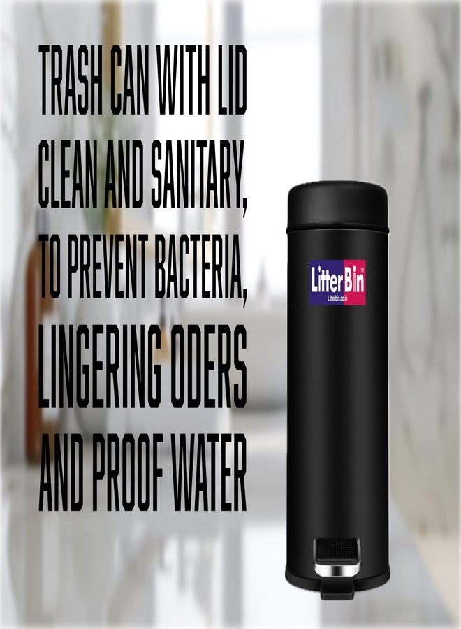 LITTERBIN سلة مهملات LITTERBIN من الفولاذ المقاوم للصدأ، لون أسود، مزودة بغطاء ودلو | سلة مهملات للمنزل، الحمام، الأماكن الخارجية، الأماكن الداخلية، المطبخ، غرفة النوم، المكتب - فضي (7 × 10 بوصات - 5 لترات) - Image 3