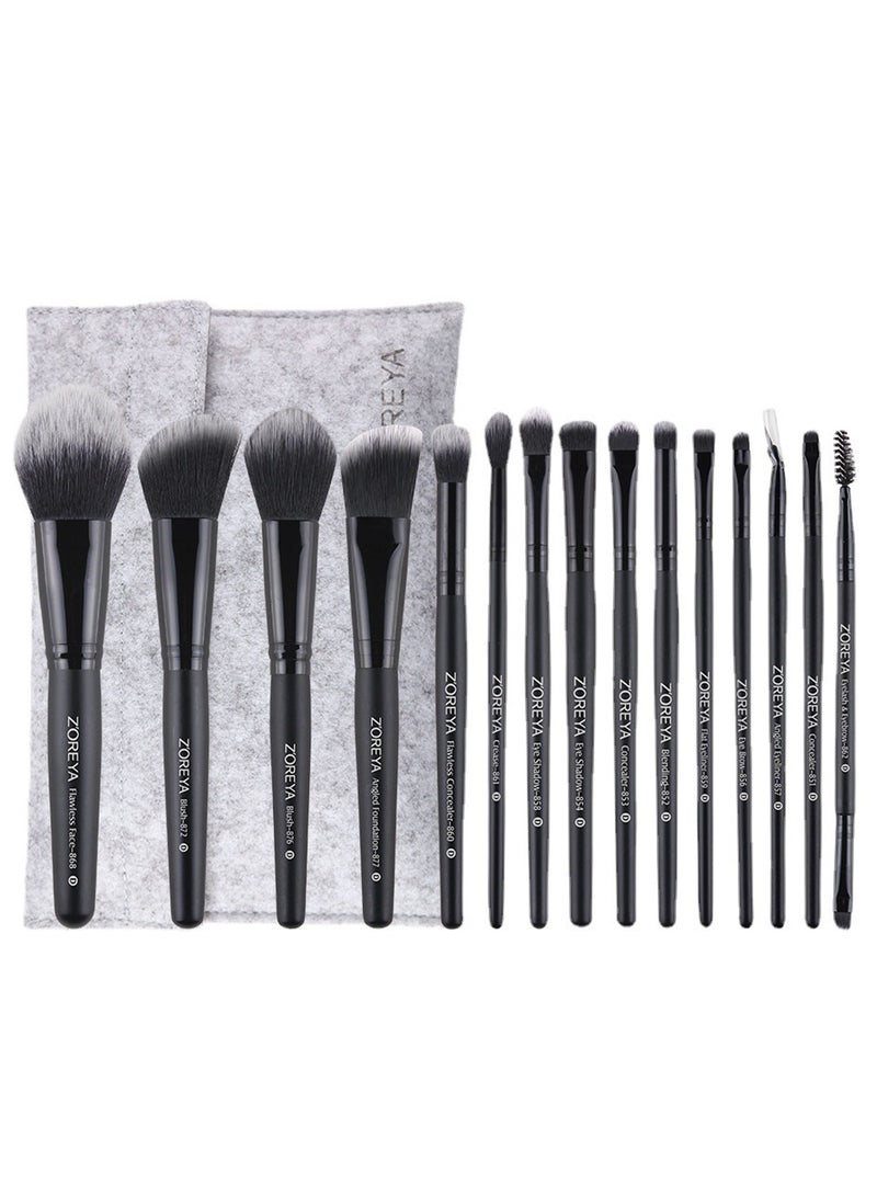 Zoreya 15Pcs Professional Makeup Brushes Set - Synthetic Foundation Powder Blush Contour Eyeshadow Brushes with Black Handles, Complete Face & Eye Kit - Image 1