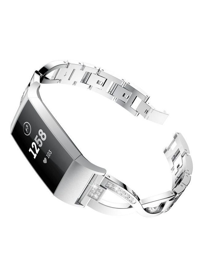 NIBEMINENT X-shaped Diamond-studded Metal Steel Wrist Strap Watch Band For Fitbit Charge 3(Silver) Silver - Image 1