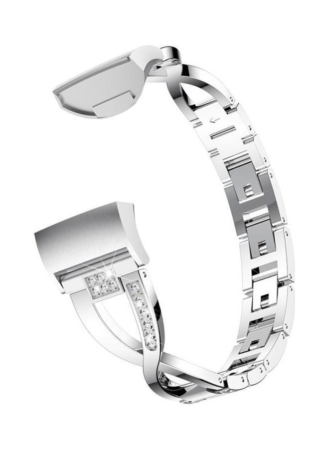 NIBEMINENT X-shaped Diamond-studded Metal Steel Wrist Strap Watch Band For Fitbit Charge 3(Silver) Silver - Image 2