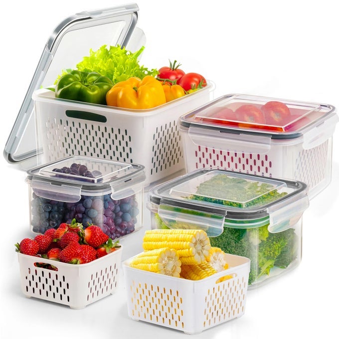 PP PLASTIC 4 PCS FRIDGE STORAGE BOXES WITH REMOVABLE STRAINER AIR TIGHT LARGE FRUIT CONTAINERS ORGANIZER MEAT FISH CONTAINER 4150 ML 2850 ML 1600 ML 750 ML TRANSPARENT