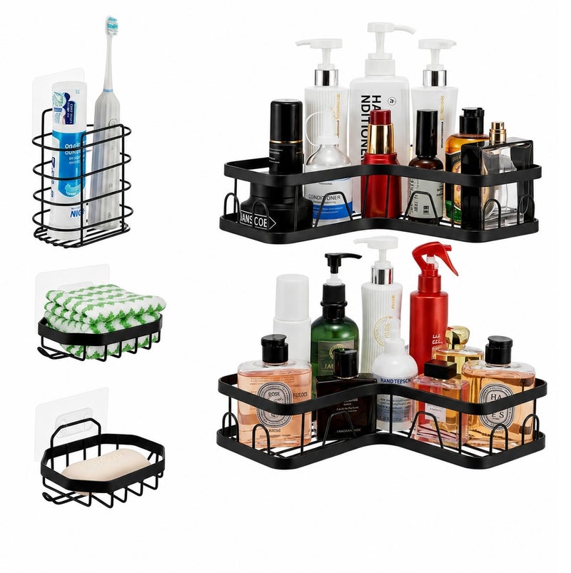 O2. Corner Shower Caddy 5 Pack, Adhesive Shower Organizer, Large Capacity, Rustproof Stainless Steel Shower Shelf for Inside Shower & Bathroom Storage & Home Decor, Black - Image 1