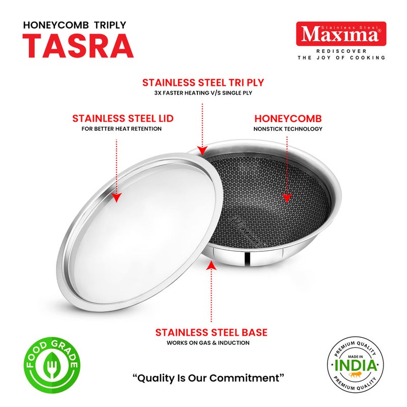 Maxima MAXIMA Honeycomb Stainless Steel Tasra 28cm, 4.1 LTR - Triply Construction, Even Heat Distribution | Thickness, Lid Included | Premium Cookware for Quick, Easy, and Delicious Meals  - Image 4