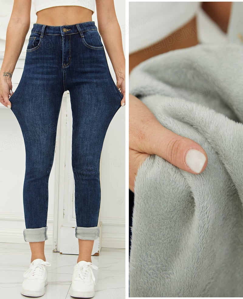 heipeiwa Women's Fleece Lined Jeans Thermal Flannel Lined Winter Jeans Warm Skinny Stretch Denim Pants - Image 3
