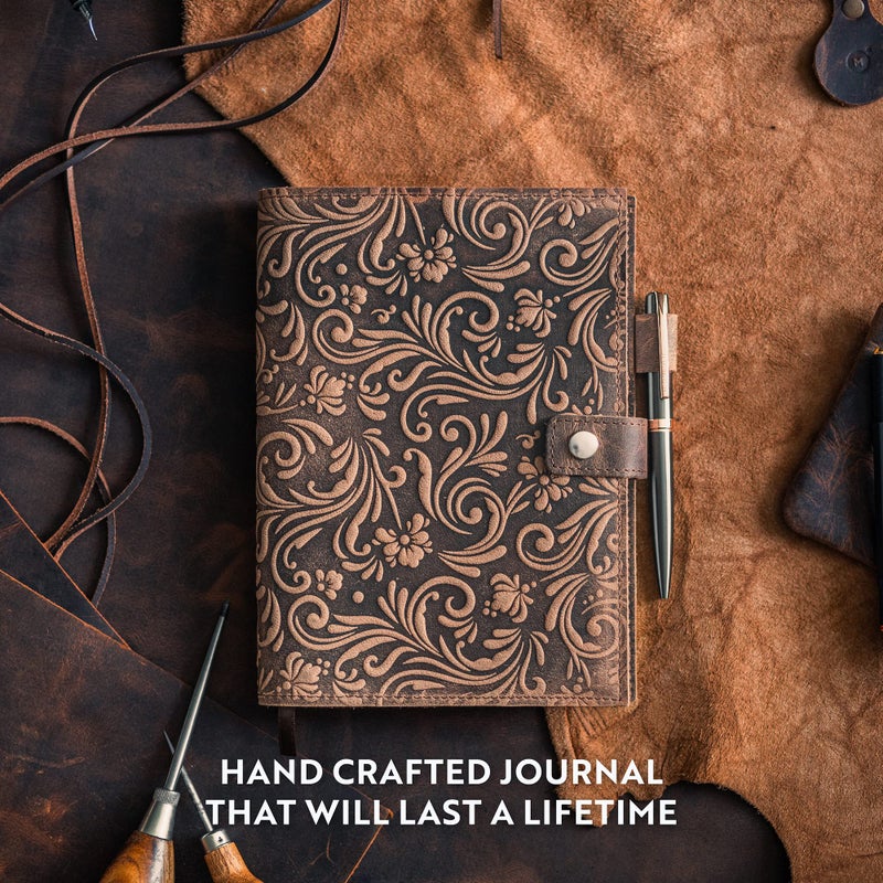 moonster Leather Journals for Women for Writing - Flower Journal, Refillable Leather Bound Journal - Vintage Leather Notebook Journal, 320 Lined Pages A5 with Metallic Grey and Rose Gold Luxury Pen - Image 3