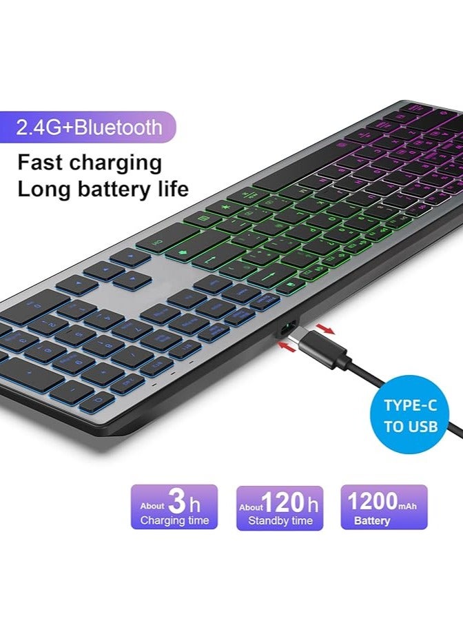 erorex Full Size Wireless Bluetooth Keyboard Rechargeable,Multi-Device (BT5.0+BT3.0+2.4G),Silent Click,RGB Backlight-Gray Black  - Image 4