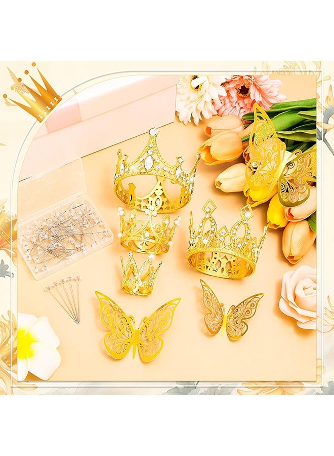 GD Flower Bouquet Accessories Set, 4 Pcs Mini Gold Crown 12 Pcs 3D Gold Butterfly Stickers and 100 Pcs Diamond Pins, Bouquet Accessories for Mother's Day Birthday Wedding Party - Image 5
