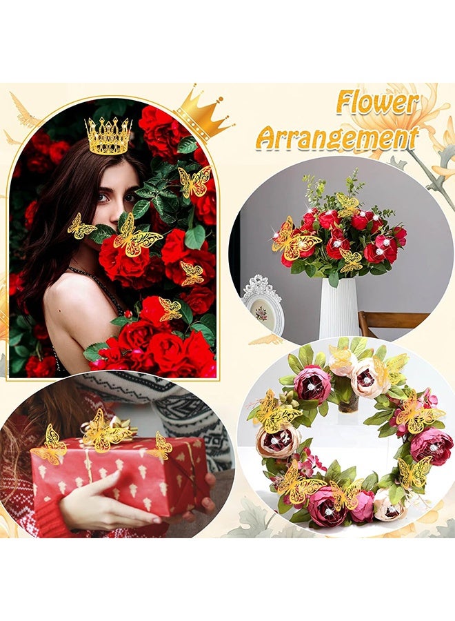 GD Flower Bouquet Accessories Set, 4 Pcs Mini Gold Crown 12 Pcs 3D Gold Butterfly Stickers and 100 Pcs Diamond Pins, Bouquet Accessories for Mother's Day Birthday Wedding Party - Image 3