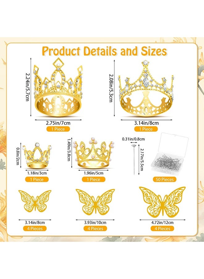 GD Flower Bouquet Accessories Set, 4 Pcs Mini Gold Crown 12 Pcs 3D Gold Butterfly Stickers and 100 Pcs Diamond Pins, Bouquet Accessories for Mother's Day Birthday Wedding Party - Image 2