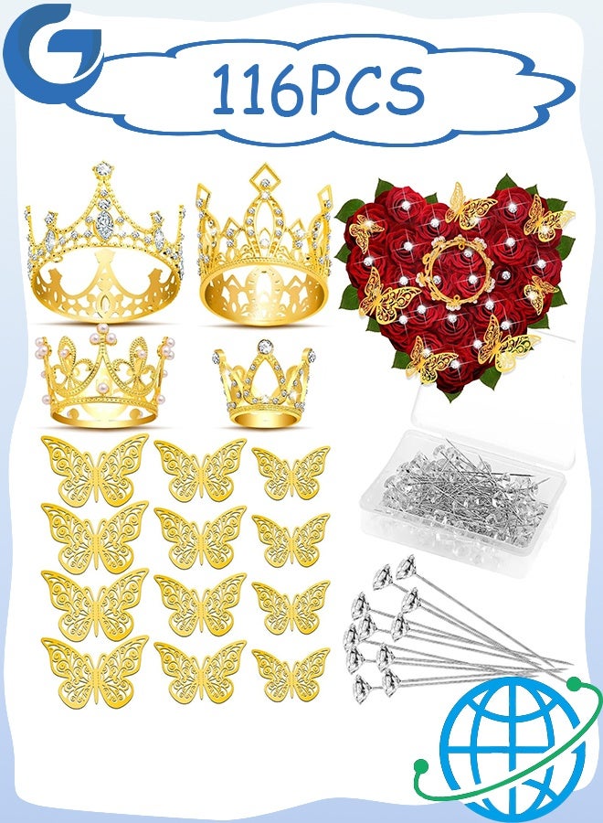 GD Flower Bouquet Accessories Set, 4 Pcs Mini Gold Crown 12 Pcs 3D Gold Butterfly Stickers and 100 Pcs Diamond Pins, Bouquet Accessories for Mother's Day Birthday Wedding Party - Image 1