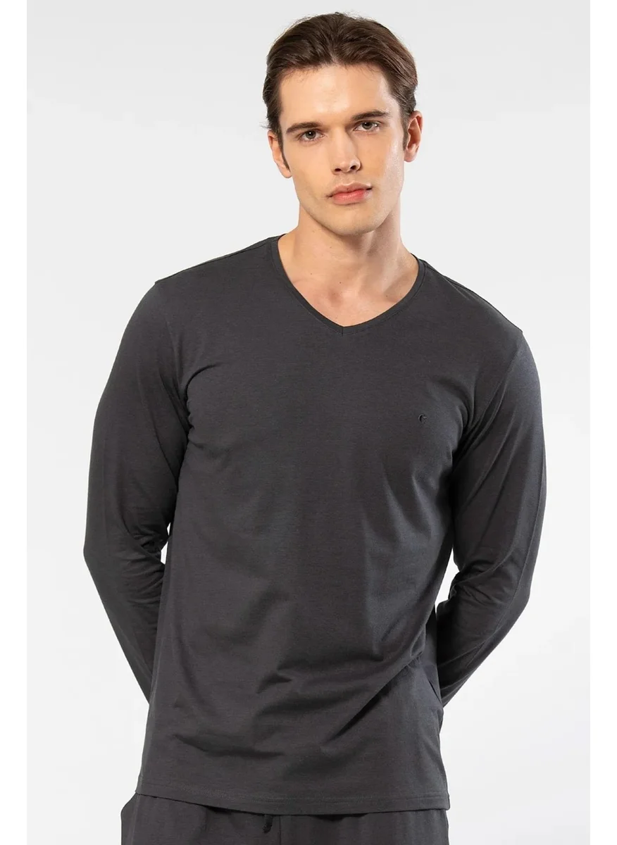 cacharel Men's 50% Modal, 50% Cotton V-Neck Long Sleeve T-Shirt